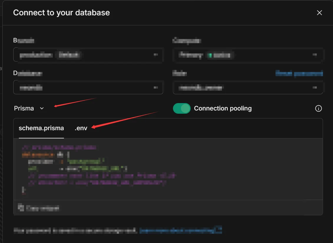 Neon 项目 Dashboard，复制 Prisma 连接字符串作为 DATABASE_URL